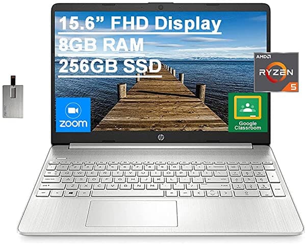 HP Notebook de 15.6 pulgadas FHD 2021, procesador AMD Ryzen 5-5500U (supera al i7-1065G7), 8 GB de RAM, SSD PCIe de 256 GB, gráficos AMD Radeon, cámara web HD, HDMI, Bluetooth, Wi-Fi, Windows 11, plata, tarjeta USB de 32 GB