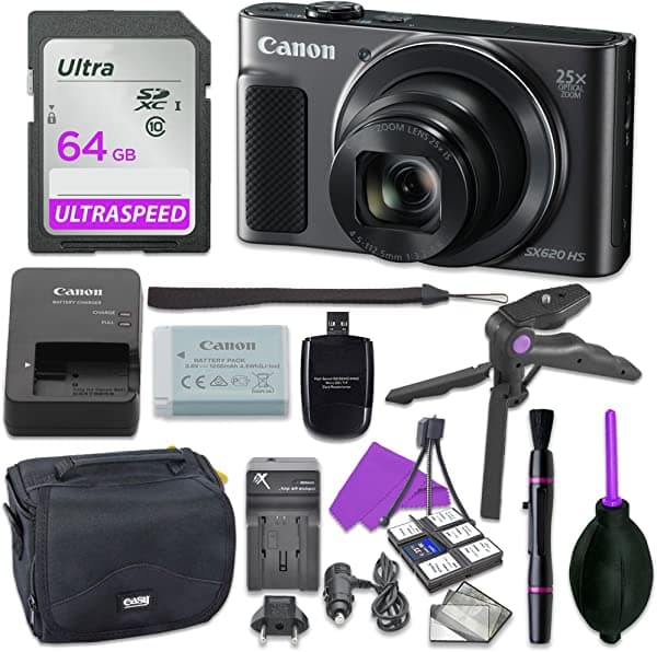 Canon Powershot Sx620 Point & Shoot Paquete De Cámara Digital Con Empuñadura De Trípode Memoria Sd De 64 Gb Funda Y Más (Negro)