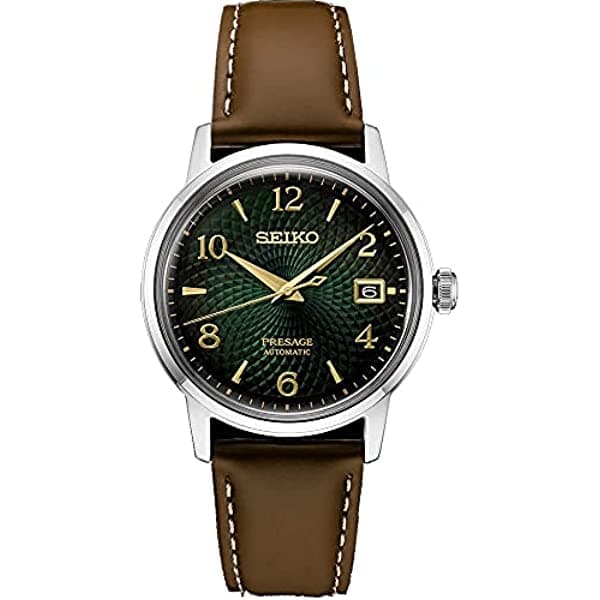 SEIKO SRPE45 Reloj Automático para Hombre - Presage Cocktail Time - Esfera Verde Texturizada con Números Dorados y Calendario, Resistente al Agua 50m