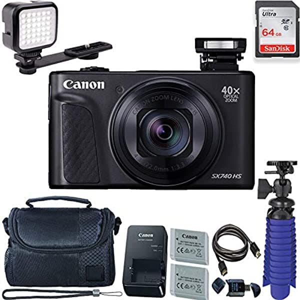 Canon Powershot Sx740 Hs Cámara Digital (Negro) Con Tarjeta De 64 Gb + Luz Led Compacta En La Cámara + Funda De Cámara Premium + 2 Baterías + Trípode
