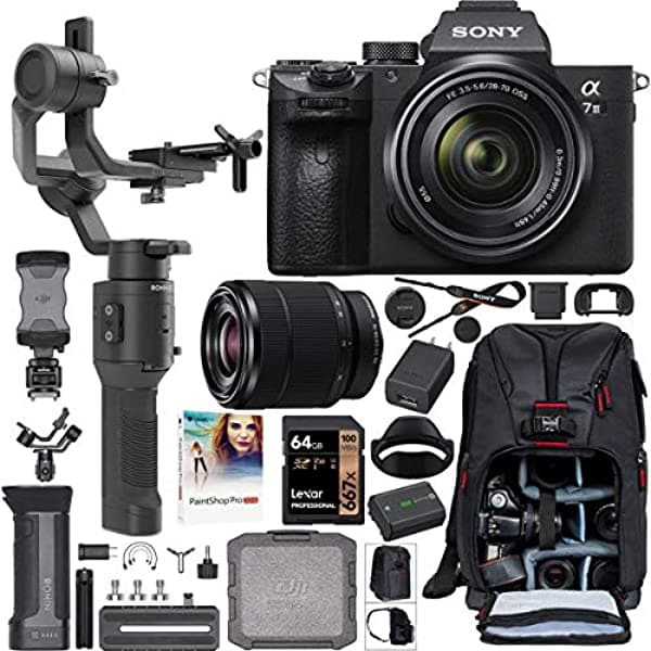 Sony A7III Cámara sin espejo full frame + lente FE 1.102-2.756 in f3.5-5.6 ILCE-7M3K/B, kit de cineasta con DJI Ronin-SC estabilizador gimbal de mano de 3 ejes + mochila de fotos Deco + tarjeta de 64 GB + software E75SNILCE7M3KB
