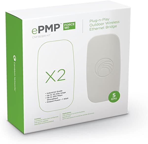 Cambium Networks ePMP Force 180 Bridge-In-A-Box Plug-N-Play Outdoor - Bridge Ethernet inalámbrico - Punto a punto (PtP), enlace pre-emparejado - rango inalámbrico de 10 millas - 5GHz - 200 Mbps de throughput (C058900B072A)