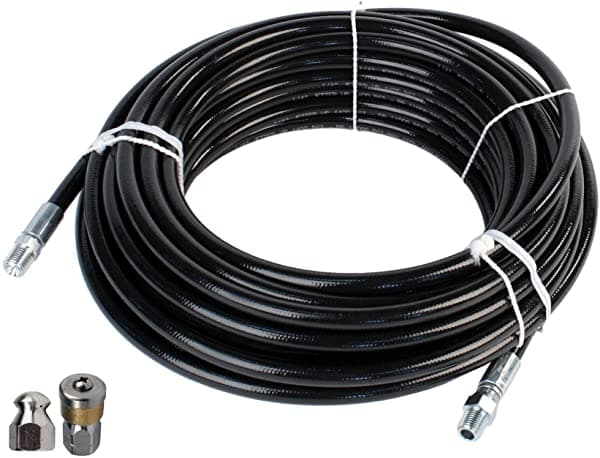 Schieffer Co. Kit De Manguera De Chorro De Alcantarillado Y 2 Boquillas Termoplásticas De 1/4 X 200 Pies 4000 Psi Y Nariz De Botón De 5.5 Orificios Y Boquillas Giratorias Juego De 2