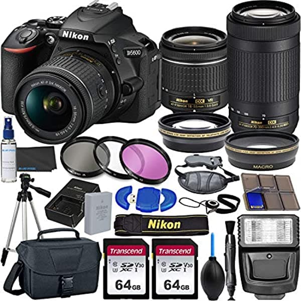 Nikon D5600 Cámara Réflex Digital Con 0.709-2.165 In Vr Y Lentes De 2.756-11.811 In + 2 Piezas De Memoria De 64 Gb Trípode Flash Y Más (Paquete De 23 Piezas)