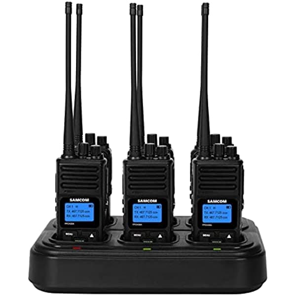 Samcom Walkie Talkies - Radios De 2 Vías Programables De 2 Vías Recargables De Alta Potencia Para Adultos (6 Paquetes) Con Cargador Multibanda De 6 Vías FPCN30A