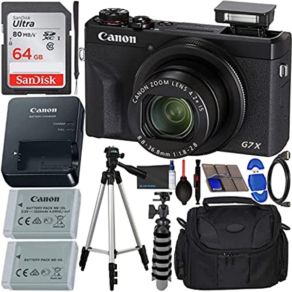 Canon Powershot G7 X Mark Iii Cámara Digital (Negro) Con Paquete De Accesorios - Incluye Tarjeta De Memoria Sandisk Ultra Sdxc De 64 Gb Batería De Repuesto Trípode De Tamaño Completo Funda De Transporte Y Más