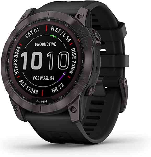 Garmin Fenix 7 Sapphire Solar - Reloj Inteligente De Aventura Con Capacidad De Carga Solar Reloj Resistente Para Exteriores Con Gps Pantalla Táctil Características De Salud Y Bienestar Titanio Dlc Negro Con Correa De Color Negro 010-02541-10