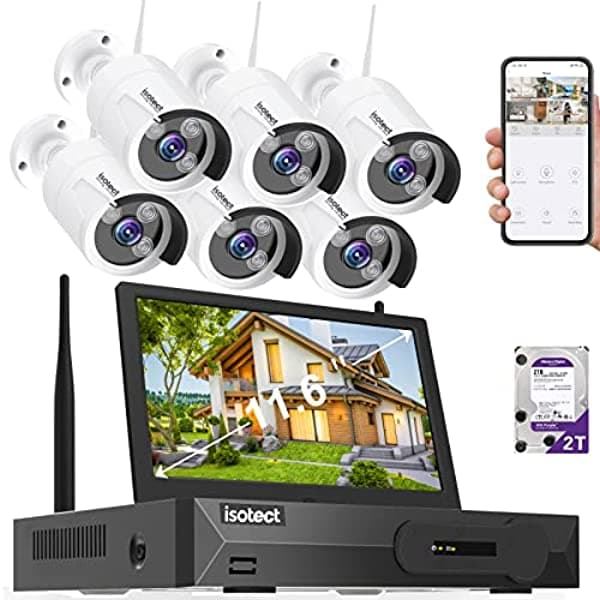 Isotect - Monitor De 11.6 Pulgadas Sistema De Seguridad Inalámbrico Nvr De Alta Eficiencia 8 Canales 1000Tvl Full Hd 3Mp Cctv 6 Cámaras Impermeables Ip66 Disco Duro De 2 Tb