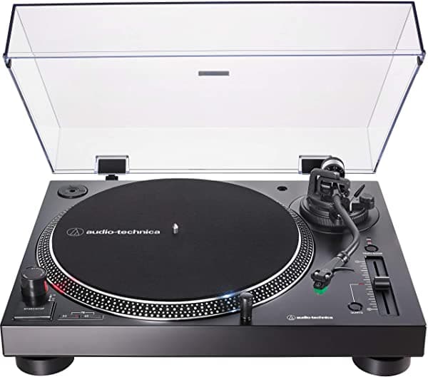 Audio-Technica AT-LP120XUSB-BK Tocadiscos de tracción directa, manual, Hi-Fi, 3 velocidades, convierte vinilos a digital, anti-skate y control de pitch variable, color negro