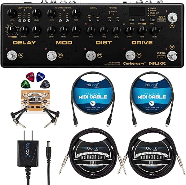 NUX Cerberus Pedal de Efectos Cargador IR Blucoil Adaptador AC Esbelto 9V 2x Cable de Instrumento Recto de 10' 1/4 Paquete de 2 A1165