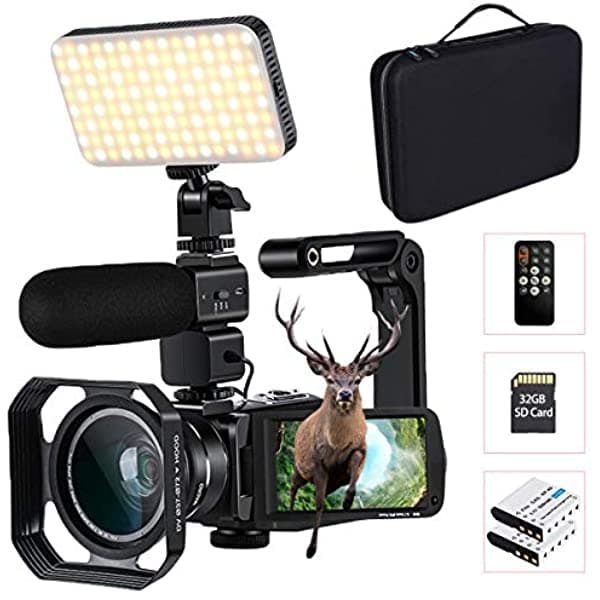 platinum panda Videocámara 4K con Zoom Óptico 10X Conexión con Luz LED/Micrófono/Lente Gran Angular Viene con Bolso para Cámara y Tarjeta SD de 32 GB Soporte WiFi y Control Remoto AC7