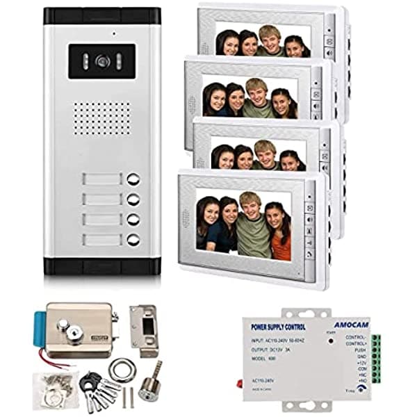 AMOCAM Videoportero para Apartamentos - Sistema con Cerradura Eléctrica y Fuente de Alimentación 12V para 4 Unidades