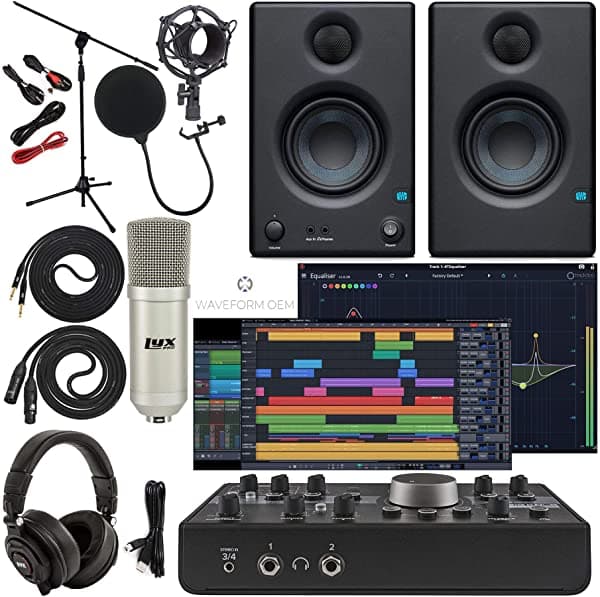 Mackie Big Knob Controlador de Monitor de Estudio e Interfaz de Audio con Software de Produccion Musical Pro Tools First/Tracktion con Eris 3.5 Par de Monitores de Estudio Microfono Condensador Cables de Instrumento de 1/4 Pulgadas