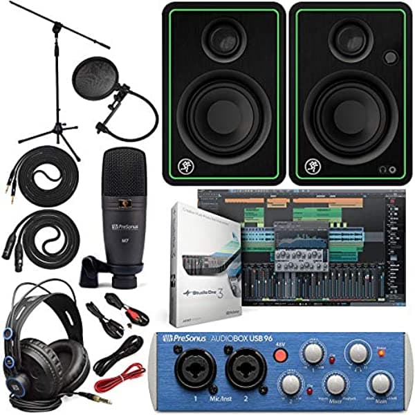 PreSonus AudioBox 96 Placa de Audio Full Studio Bundle con Studio One Artist Software Pack con Mackie CR3-XBT 3" Par de Monitores Multimedia Bluetooth y Cable de Instrumento 1/4" TRS