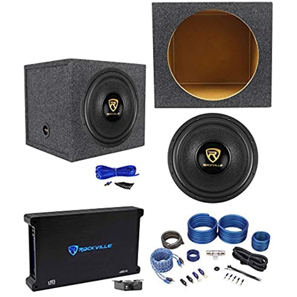 Rockville W15K9D4 15" 5000W Subwoofer para Auto + Caja para Subwoofer Sellada + Amplificador Mono Kit 888