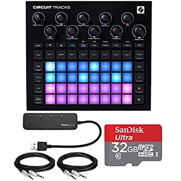 Novation Circuit Tracks Groovebox Bundle Con Knox Gear 4 Puertos Usb 3.0 Hub Tarjeta Microsd De 32 Gb Y Cables Trs De 1/4 Pulgadas (5 Artículos) ACIRCUITRCKS-K1