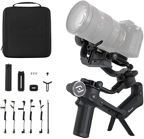 FeiyuTech Scorp - Estabilizador Gimbal Oficial de Camara de Mano de 3 Ejes para Reflex Digital y Camara Sin Espejo Carga Util de 5.5 Libras Sony Canon Panasonic Lumix Nikon Fujifilm Agarre Trasero Underslung Pantalla Tactil Liviano