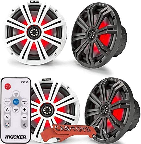 Kicker 45Km84L - Altavoces De Barco Coaxial Marino De 8 Pulgadas Paquete De 4 Con Mando A Distancia Led De 41 Kmlc Rejillas Blancas Y Negras Luces Led Multicolores 4 Ohm 300 Vatios Máximos Impermeables Y A Prueba De Sal