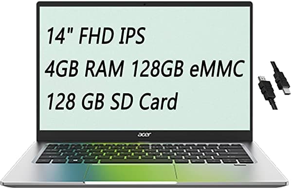 Acer Swift 1 Delgado y Ligero Notebook 14" FHD IPS Intel Celeron N4020 4Gb RAM 128Gb eMMC 128Gb Tarjeta SD Intel UHD Graphics 600 Huella Digital USB-C WiFi Win 10 + iCarp HDMI Cable