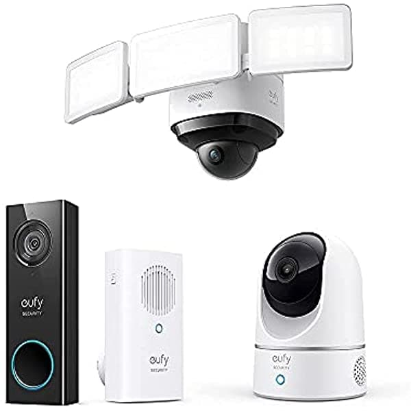 Eufy Seguridad Floodlight Cam 2 Pro Cobertura Panorámica E Inclinación De 360 Grados Y Resolución De 2 K Con Cámara De Video Con Cable Y Cámara Interior De Seguridad Panorámica E Inclinación De 2 K