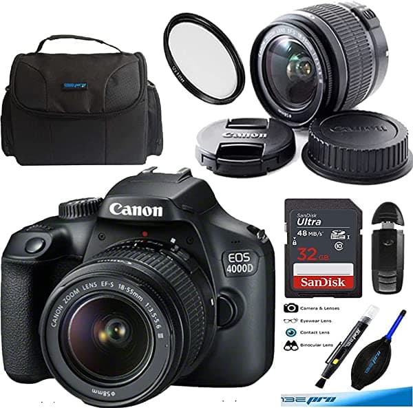 Deal-Expo Cámara Digital Eos 4000D Con Lente Ef-S 18-55Mm F/3.5-5.6 Iii + Paquete De Accesorios Intermedios De 32Gb (Versión Internacional) CN4000D-1855IIIDBB32GBINT