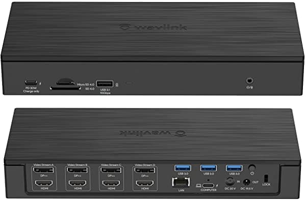 Wavlink 19 en 1 USB C o USB A 10G Universal Quad 4K QV4K Estación de Acoplamiento con Power Delivery de 100 W para MacBook y Windows Laptop 4 HDMI 4 DP Lector de Tarjetas SD 4.0 Ethernet de 2.5 Gbps WL-UG69PD10-US