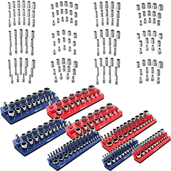 Olsa Tools Juego De 184 Piezas De Enchufe Métrico Y Organizadores De Enchufe Magnético | Juego De 6 Puntos Poco Profundos Y Profundos | Unidad De 1/2 Pulgadas 3/8 Pulgadas Y 1/4 Pulgadas | Azul Métrico Rojo Sae | Capacidad Para 185 Enchufes 1437