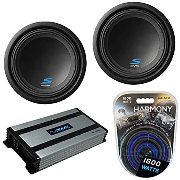 Alpine (2) S-W12D2 Audio Para Coche Tipo S Serie Sub 1200W Peak 12" Subwoofer Bundle Con Harmony Ha-A800.1 Amplificador Y Kit De Amp HA-SUBPACK11