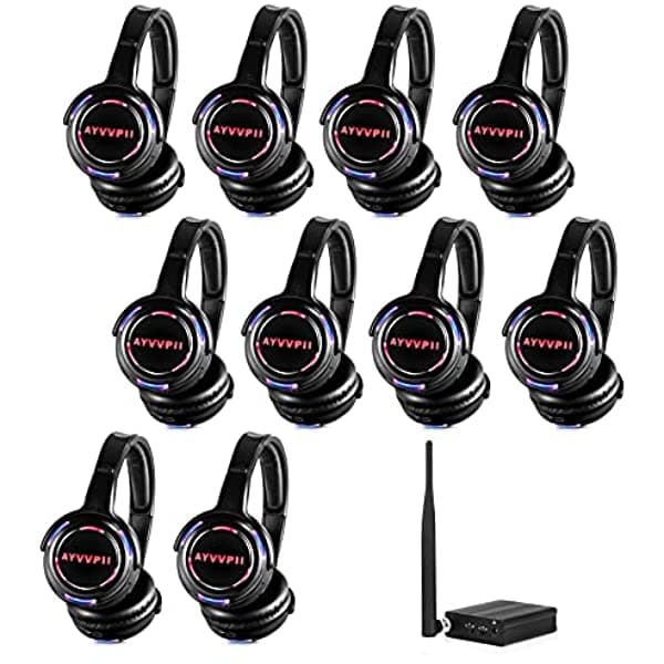 AYVVPII Silent UHF9 Auriculares Inalámbricos Recargables con Luz LED, 10 unidades y 1 transmisor, Alcance 500m
