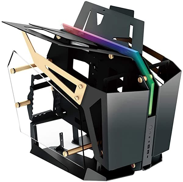 FSP Gabinete Gaming EATX/ATX/Mini-ITX Sistema Doble de Marco Abierto con 2 Paneles de Vidrio Templado Caja de Aluminio Barra de Luz Central ARGB (CMT710 Twings Gold)