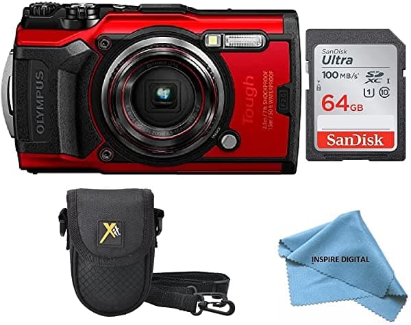 Inspire Digital Olympus Tough Tg-6 Bundle Incluye Tarjeta De Memoria Sandisk Ultra De 64 Gb + Funda Acolchada red tg6