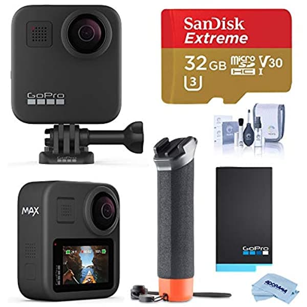 Gopro Max - Cámara Impermeable 360 Con Pantalla Táctil 56 K30 Uhd Video 166 Mp Fotos 1080P Live Streaming Bundle Con Agarre De Mano Batería Tarjeta Microsd De 32 Gb Kit De Limpieza
