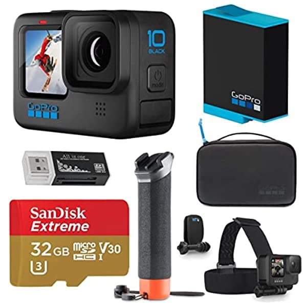 Gopro Hero10 - Cámara De Acción Impermeable 5.3K60/4K Transmisión En Vivo De 1080P Paquete Con Kit De Aventura Batería Extra Tarjeta Microsd De 32 Gb Lector De Tarjetas HERO10 Black