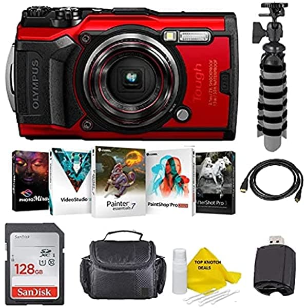 Ultimate Deals Olympus Tough Tg-6 - Cámara Impermeable (Rojo) - Top Knotchbundle + Sandisk 128 Gb Ultra Tarjeta De Memoria + Funda Acolchada + Trípode Flexible + Conjunto De Software De Fotos + Más red tg6