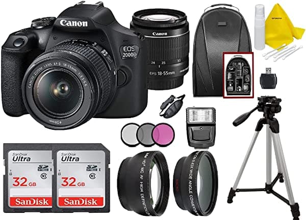 Ultimate Deals Cámara Réflex Digital Canon Eos 2000D / Rebel T7 Con Lente Ef-S De 18 A 2.165 In + 2 Tarjetas De Memoria Sandisk De 32 Gb + Trípode + Funda + Lentes De Gran Angular + Paquete De Nudos Superiores 2000dkiynew