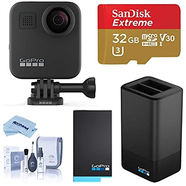 Gopro Max - Cámara Impermeable 360 Con Pantalla Táctil Vídeo Uhd De 56 K30 Y 166 Mp Con Cargador Doble Batería Extra Tarjeta Microsd De 32 Gb Kit De Limpieza CHDHZ-201 E