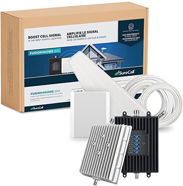 Surecall Fusion4Home Max - Amplificador De Señal De Célula Con Tecnología De Rango Extendido De Hasta 6500 Pies Cuadrados 5G/4G Lte Multiusuario Verizon At&T Sprint T-Mobile Yagi Panel Aprobado Por La Fcc Empresa Estadounidense SC-Fusion4HomeMax