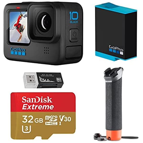 Gopro Hero10 - Cámara De Acción Impermeable 5.3K60/4K Transmisión En Vivo De 1080P Paquete De Inicio Con Batería Adicional Agarre Flotante De Mano Tarjeta Microsd De 32 Gb Lector De Tarjetas HERO10 Black