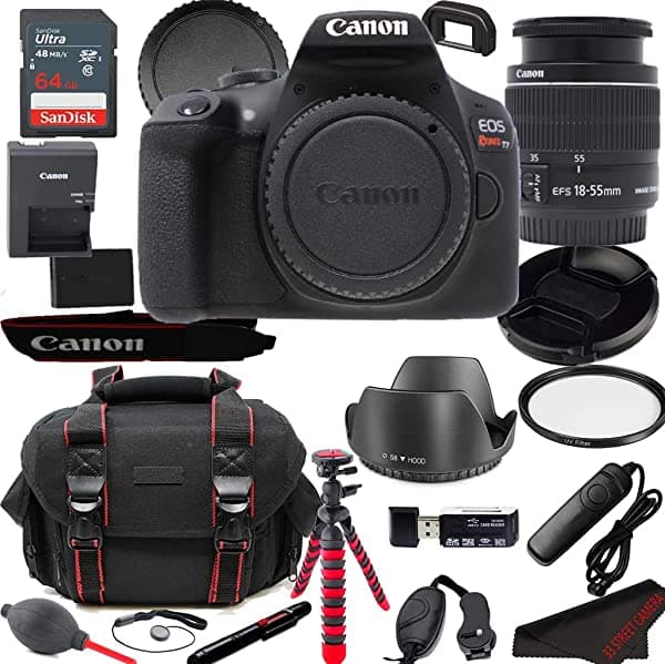 Canon Eos Rebel T7 Dslr Paquete De Cámara + Lente De 0.709 - 2.165 In | Wi-Fi Incorporado| Sensor Cmos De 241 Mp | Procesador De Imagen Digic 4+ Y Vídeos Full Hd + 64 Gb De Memoria (19 Unidades)