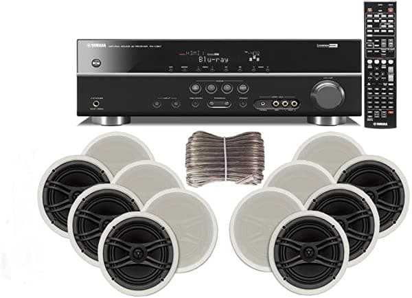 Yamaha 3D-Ready 5.1-Channel 500 Watts Receptor Digital Home Theater De Audio/Vídeo Con 1080P-Compatible Hdmi Repeater & Upgraded Dsp De Cine Con Un Entrada Digital Usb Y Cable De Conexión Play & Charge Tu Ipod O Iphone & Control A Distancia + Yamaha Custom Tweeters De Altavoces De Sonido Natural Fácil De Instalar Techo 3-Way 100 W (Juego De 6) Con Dual & 6 - 1/2" Woofer + 100 Ft 16 Awg Cable Para Altavoces