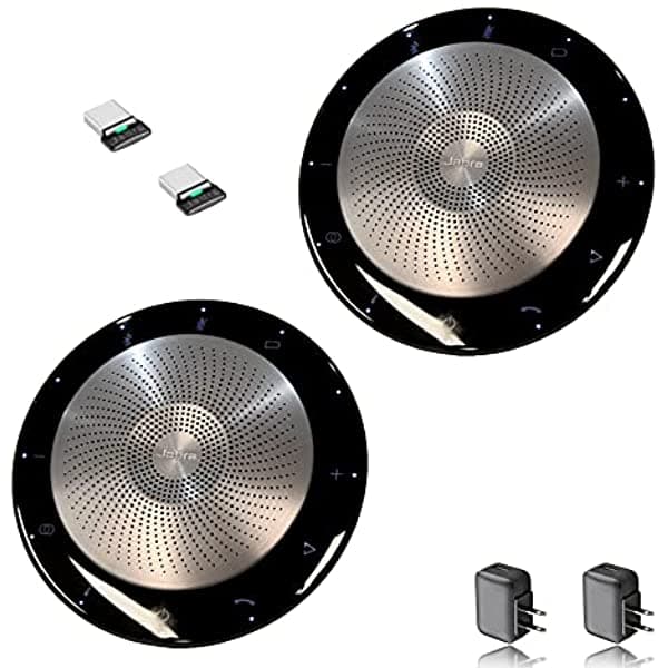Global Teck Worldwide Jabra Altavoz Bluetooth Speak 710 Paquete De 2 Altavoces Compatible Con Usb Pc Mac Dispositivos Bluetooth Aplicaciones De Voz Y Vídeo Zoom Skype Versión De Equipos (Paquete Ms Deluxe Con Cargador Ac)