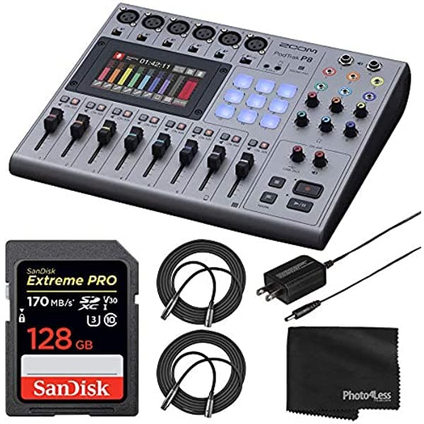 Zoom Podtrak P8 Grabador De Podcast Multipista + Tarjeta De Memoria Extreme Pro Uhs-I Sdxc De 128 Gb + 2 Cables De Micrófono Xlr-M A Xlr-F + Paño De Limpieza Gran Paquete De Podcasting ZP8 K2