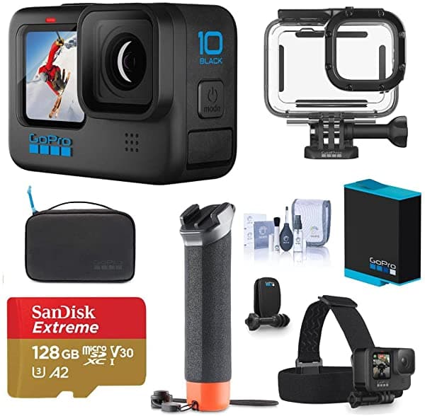 Gopro Hero10 - Cámara De Acción Impermeable Color Negro Paquete De Video De 5.3K60/4K Con Carcasa Protectora Kit De Aventura Tarjeta Microsd De 128 Gb Batería Adicional Kit De Limpieza HERO10 Black