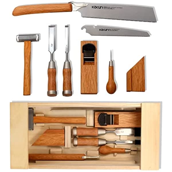 Kakuri Juego De Herramientas De Carpintería Japonesa Kit De Herramientas De Carpintería Profesional De Calidad 8 Piezas (Sierras Japonesas Martillo Cinceles Avión Barrena Cuadrado) Roble Rojo Japonés Fabricado En Japón (40350)