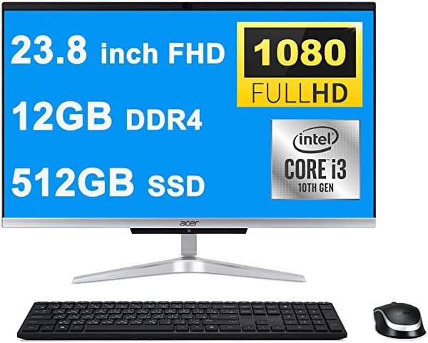 Acer Aspire 24 All-In-One Desktop Computadora I 23.8 Pulgadas Full Hd Display I 10ª Generación Intel Core I3-1005G1 Procesador I 12Gb Ddr4 512Gb Ssd I Intel Uhd Graphics I Wifi5 Webcam Win10 Plata + Cable Hdmi