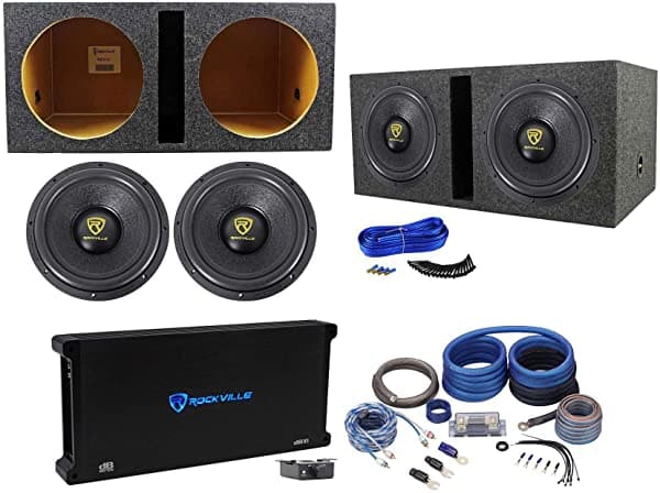 (2) Rockville W12K9D2 12 Pulgadas 8000W Subwoofers + Caja De Sub Ventilada + Amplificador Mono + Kit De Amplificador (2) W12K9D2+dB16+RWK0CU+RDV12+K2