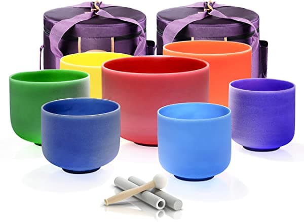 Topfund - Cuencos De Cristal Para Crear Notas De Sonido De Vibración Set of 7 Colors Singing Bowls 7-12 inch