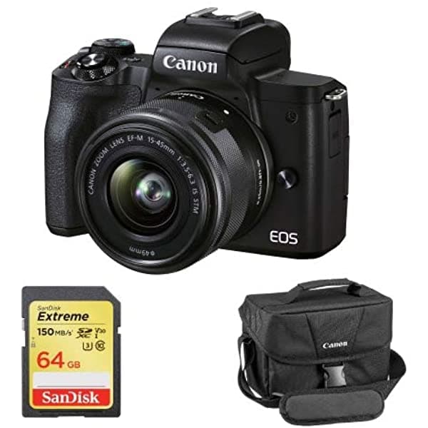 K&M Canon EOS M50 Mark II Cámara Digital Sin Espejo con Lente de 0.591-1.772 in (Negro) Tarjeta de Memoria SD Extreme de 64 GB y Bolso para Cámara Canon 4728C006