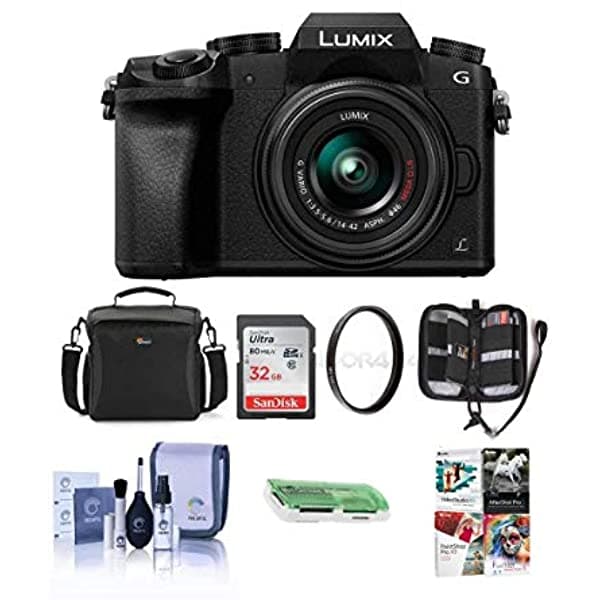 Adorama Panasonic Lumix DMC-G7 - Cámara Micro Cuatro Tercios con Lente de 14 a 1.654 in Incluye Funda para Cámara Tarjeta SDHC de 32 GB Kit de Limpieza Estuche para Tarjetas de Memoria Lector de Tarjetas Filtro UV de 1.811 in Paquete de Software
