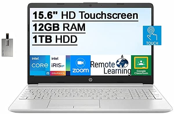 2021 HP 15.6" HD Pantalla Táctil Notebook 11ª Generación Intel Core i5-1135G7 Procesador 12GB RAM 1TB HDD Teclado Retroiluminado Intel Iris Xe Graphics HD Webcam HD Audio USB-C Win 10 Plata Tarjeta USB de 32 GB